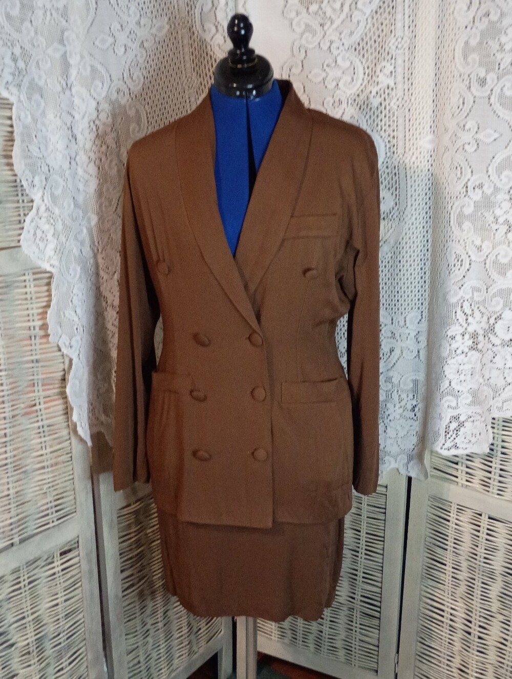 Vintage 90s Brown Double-Breasted Skirt Suit Set